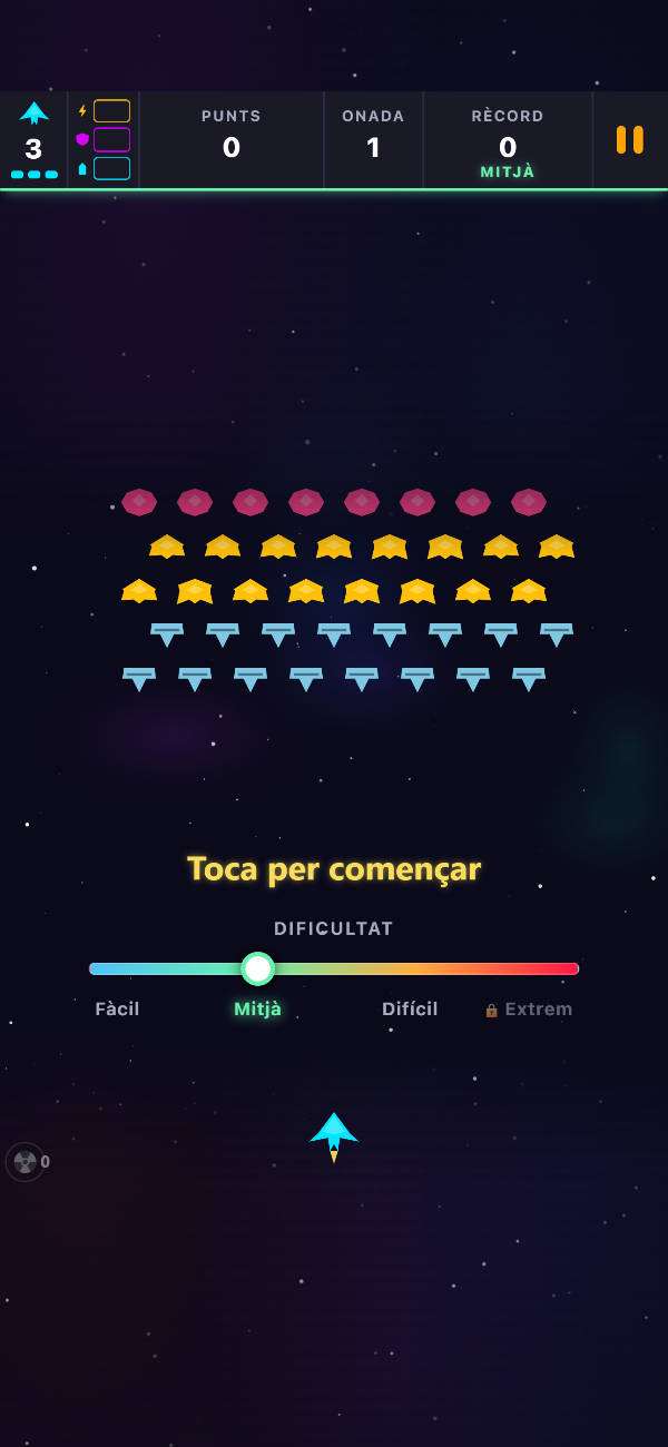 Pantalla de títol de Void Swarm amb la formació de l’onada 1 en espera, el missatge «Toca per començar» i el control lliscant de dificultat al nivell Mitjà