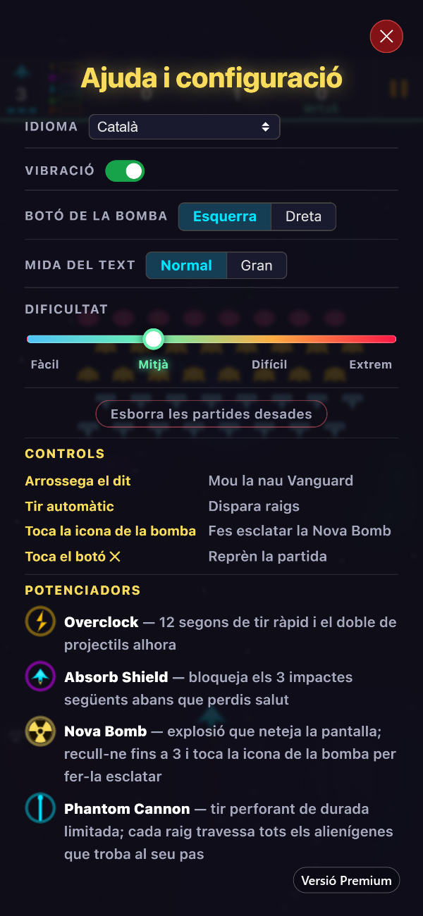 La pantalla «Ajuda i configuració» de Premium, amb les opcions d’idioma, vibració, botó de la bomba, mida del text i dificultat per sobre dels controls i dels potenciadors