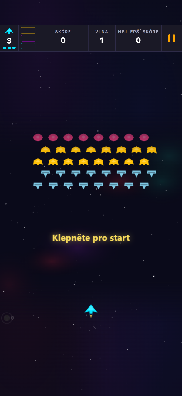 Titulní obrazovka Void Swarm s čekající formací vlny 1 a výzvou „Klepni pro start“