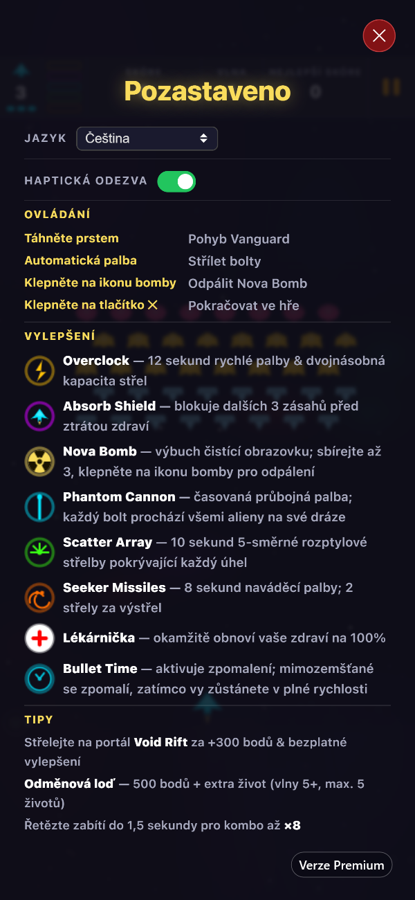 Premium obrazovka pauzy zobrazující výběr jazyka, přepínač vibrací, ovládání a všech osm vylepšení