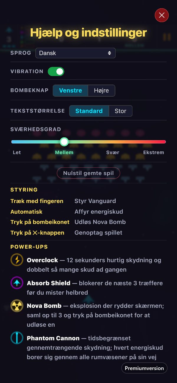 Skærmen »Hjælp og indstillinger« i Premium med indstillinger for sprog, vibration, bombeknap, tekststørrelse og sværhedsgrad over styring og power-ups
