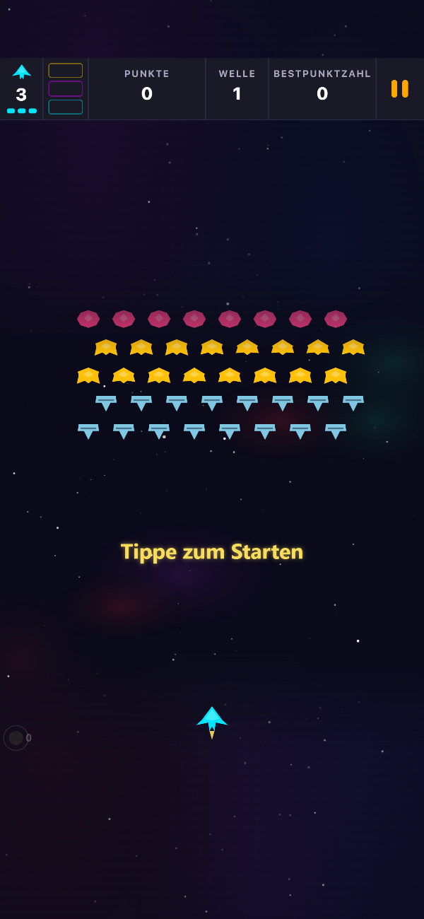 Void Swarm Titelbildschirm mit der wartenden Formation von Welle 1 und der Aufforderung „Tippe zum Starten“