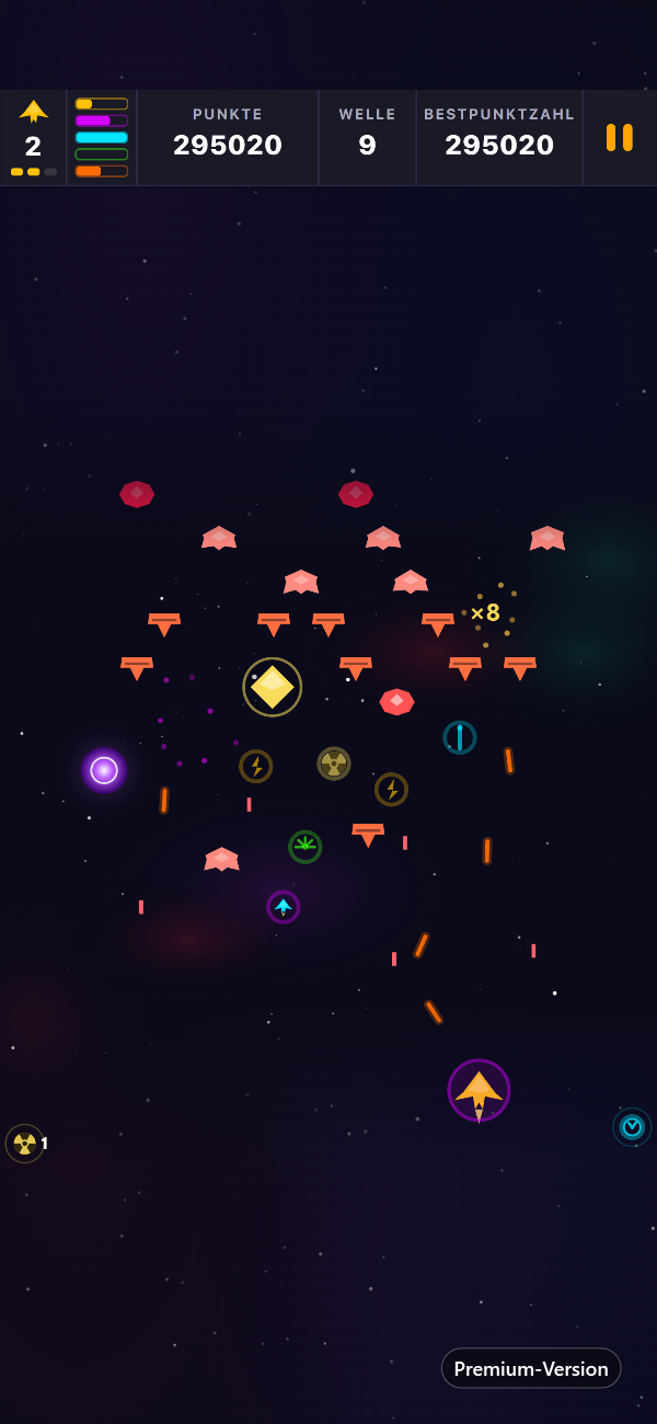 Welle 9 mit einem Kopfgeldschiff, einem Void-Rift-Portal und mehreren Power-ups gleichzeitig im Spiel