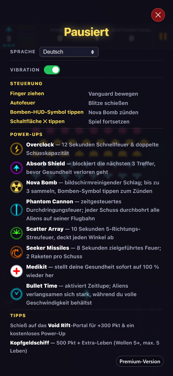 Der Premium-Pausenbildschirm mit Sprachauswahl, Haptik-Schalter, Steuerung und allen acht Power-ups