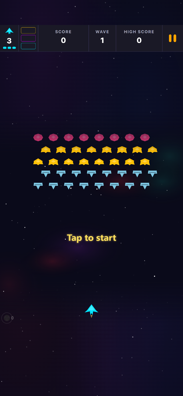 Void Swarm's title screen with the wave 1 formation waiting and a 'Tap to start' prompt