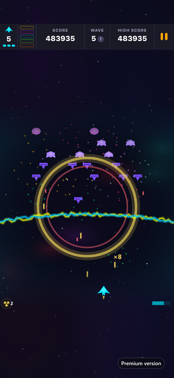 Premium Void Siege wave with a closing electricity barrier and a Nova Bomb shockwave clearing the screen