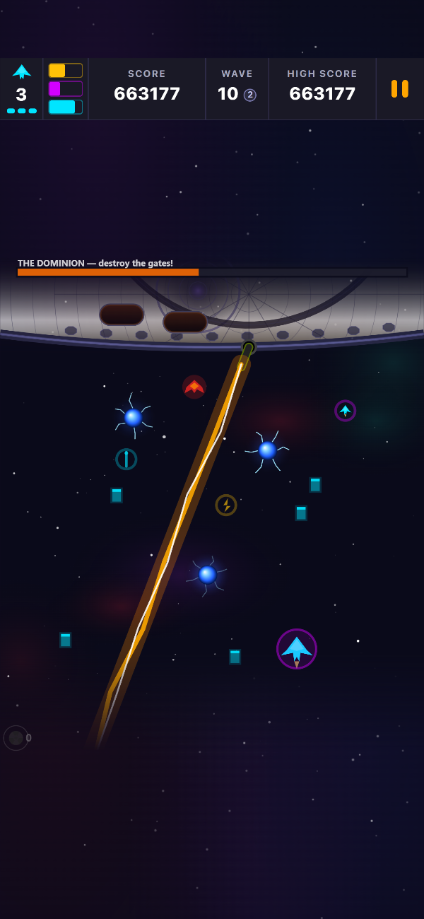 The Dominion boss fight on wave 10, with its turret laser firing and Ball-Lightning Bombs descending