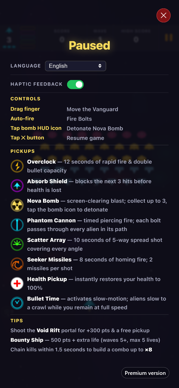 The Premium pause screen showing the language selector, haptic feedback toggle, controls, and all eight pickups