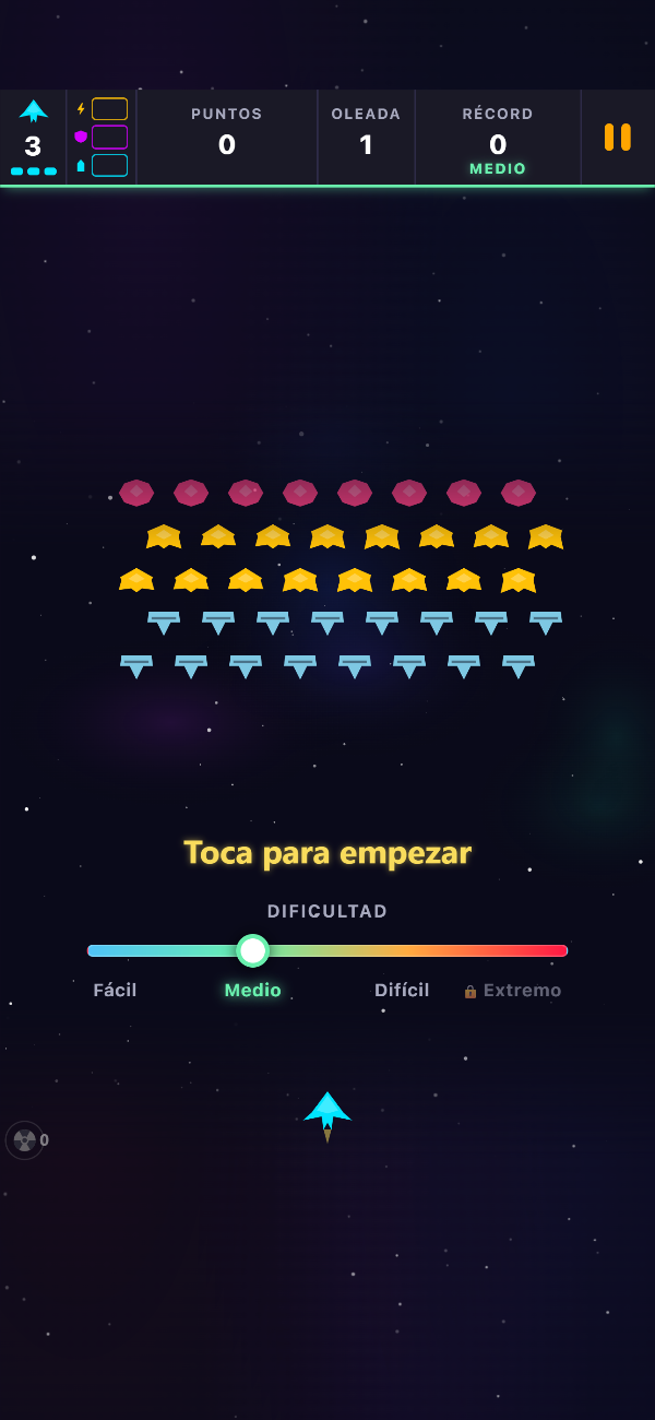 Pantalla de título de Void Swarm con la formación de la oleada 1 en espera, un mensaje de «Toca para empezar» y el control deslizante de dificultad en el nivel Medio