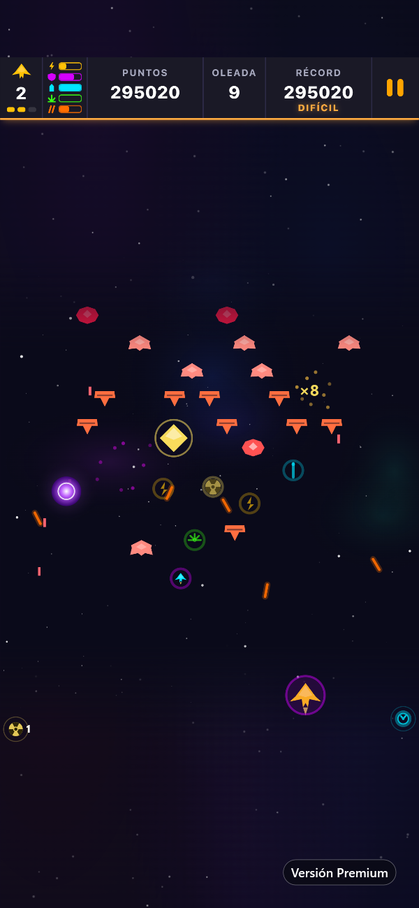 Partida Premium en la oleada 9, en el nivel Difícil, con una Bounty Ship, un portal Void Rift, Seeker Missiles y varias mejoras en juego
