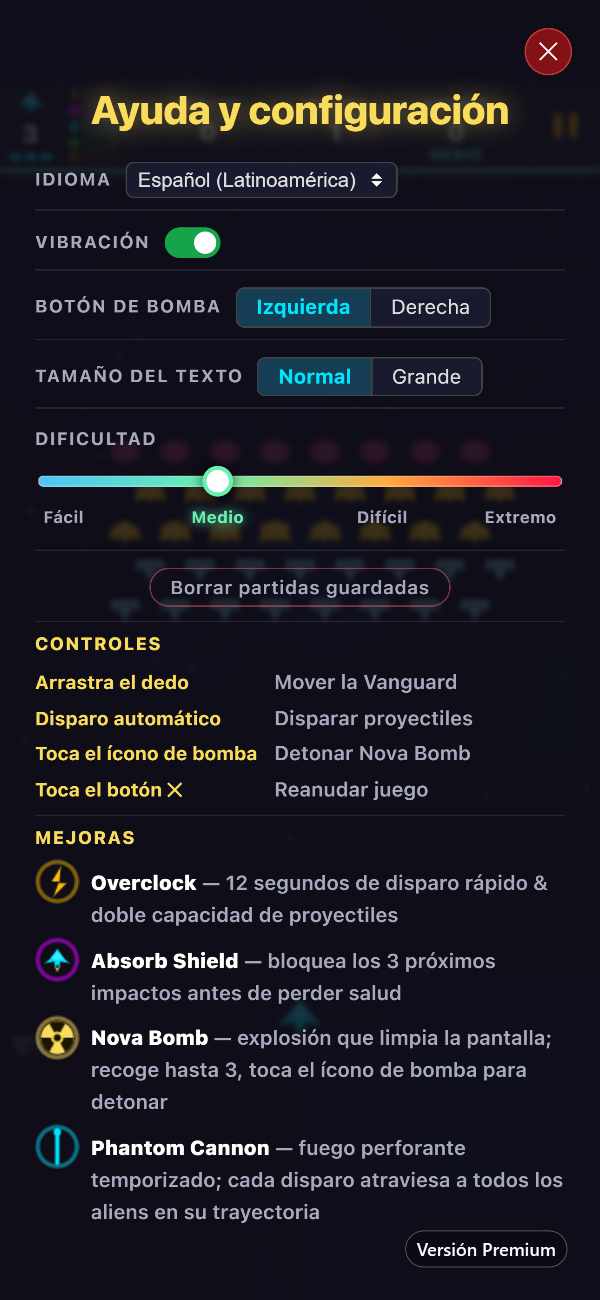 La pantalla «Ayuda y configuración» de Premium, con las opciones de idioma, vibración, botón de bomba, tamaño del texto y dificultad por encima de los controles y las mejoras
