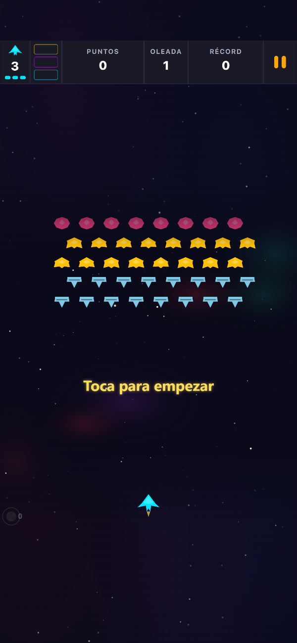 Pantalla de título de Void Swarm con la formación de la oleada 1 en espera y un mensaje de «Toca para empezar»