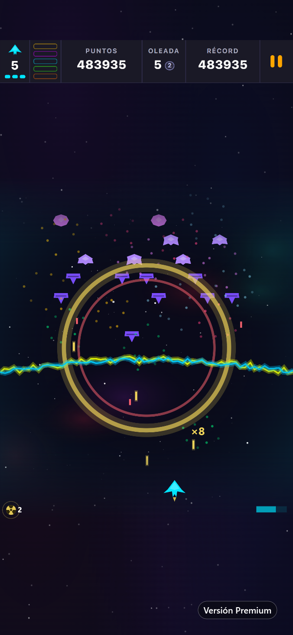 Oleada Premium de Void Siege con una barrera eléctrica cerrándose y la onda expansiva de una Nova Bomb limpiando la pantalla