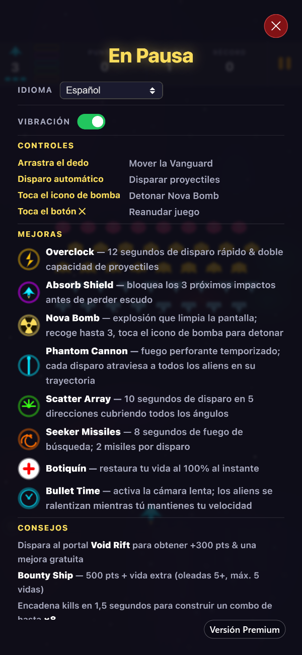 La pantalla de pausa Premium mostrando el selector de idioma, el interruptor de vibración, los controles y las ocho mejoras