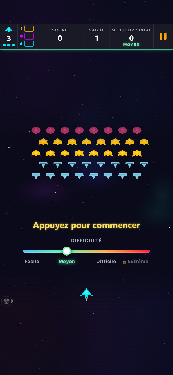 Écran-titre de Void Swarm avec la formation de la vague 1 en attente, le message « Appuyez pour commencer » et le curseur de difficulté réglé sur Moyen