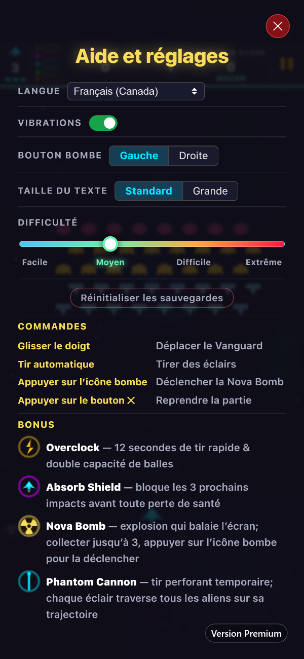 L’écran Aide et réglages de la version Premium, avec les réglages Langue, Vibrations, Bouton bombe, Taille du texte et Difficulté au-dessus des commandes et des bonus