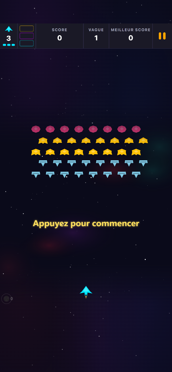 Écran-titre de Void Swarm avec la formation de la vague 1 en attente et le message « Touchez pour commencer »