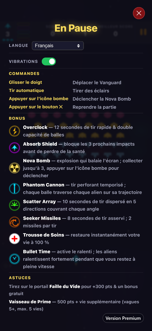 L'écran de pause Premium affichant le sélecteur de langue, l'interrupteur de vibrations, les commandes et les huit bonus