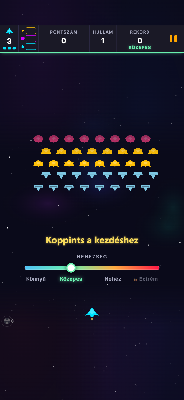A Void Swarm kezdőképernyője: várakozik az 1. hullám alakzata, látható a „Koppints a kezdéshez” felirat, a nehézségi csúszka pedig Közepes állásban van
