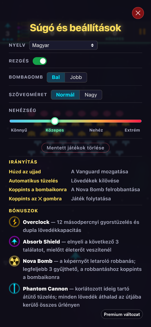 A „Súgó és beállítások” képernyő a Premiumban: a nyelv, a rezgés, a bombagomb, a szövegméret és a nehézség beállításai az irányítás és a bónuszok fölött