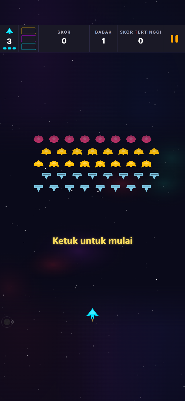 Layar judul Void Swarm dengan formasi babak 1 menunggu dan pesan 'Ketuk untuk mulai'
