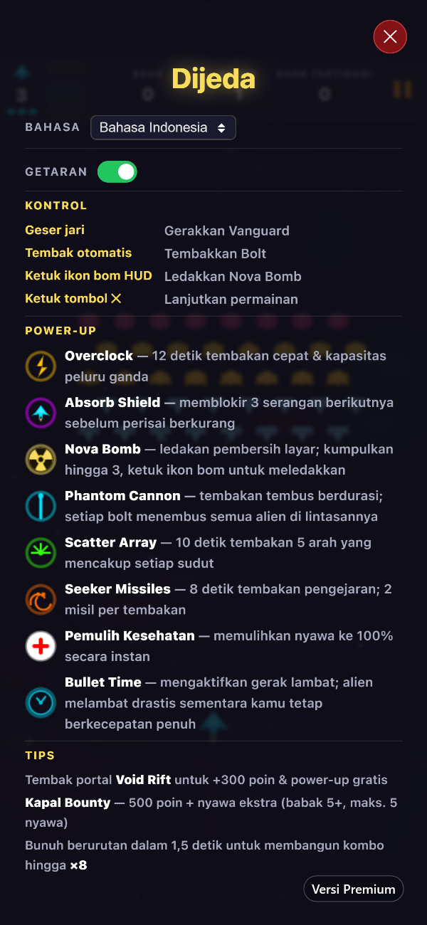 Layar jeda Premium yang menampilkan pemilih bahasa, sakelar umpan balik getar, kontrol, dan kedelapan item
