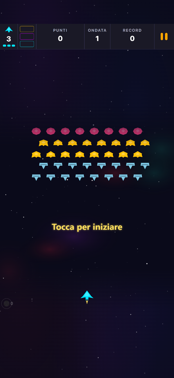 Schermata del titolo di Void Swarm con la formazione dell'ondata 1 in attesa e il messaggio «Tocca per iniziare»