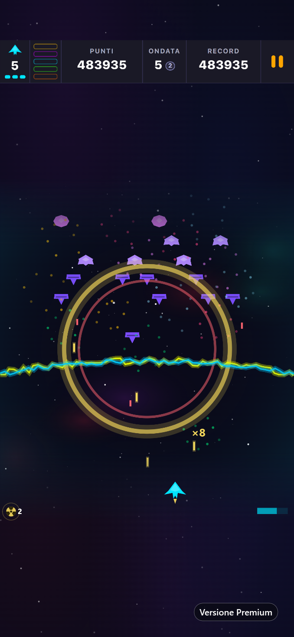 Ondata Premium Void Siege con una barriera elettrica che si chiude e l'onda d'urto di una Nova Bomb che ripulisce lo schermo