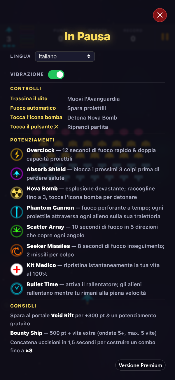 La schermata di pausa Premium che mostra il selettore di lingua, l'interruttore della vibrazione, i comandi e tutti gli otto potenziamenti