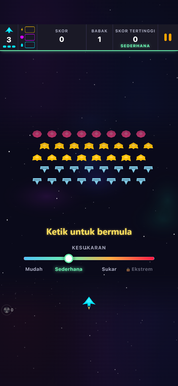 Skrin tajuk Void Swarm dengan formasi babak 1 yang sedang menunggu, gesaan “Ketik untuk bermula” dan peluncur kesukaran yang ditetapkan pada Sederhana