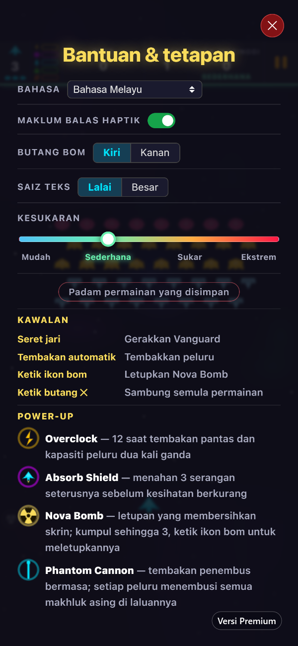 Skrin Bantuan & tetapan dalam versi Premium, dengan tetapan bahasa, maklum balas haptik, butang bom, saiz teks dan kesukaran di atas bahagian kawalan dan power-up