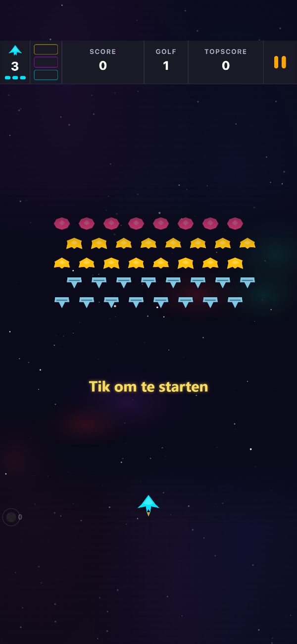 Titelscherm van Void Swarm met de wachtende formatie van golf 1 en de melding 'Tik om te starten'