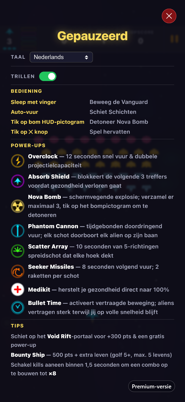 Het Premium pauzescherm met de taalkiezer, de trilfunctie-schakelaar, de bediening en alle acht power-ups