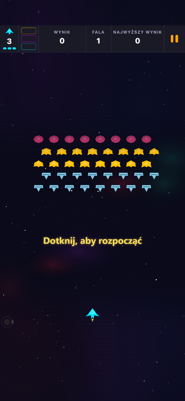 Ekran tytułowy Void Swarm z oczekującą formacją fali 1 i komunikatem „Dotknij, aby rozpocząć”