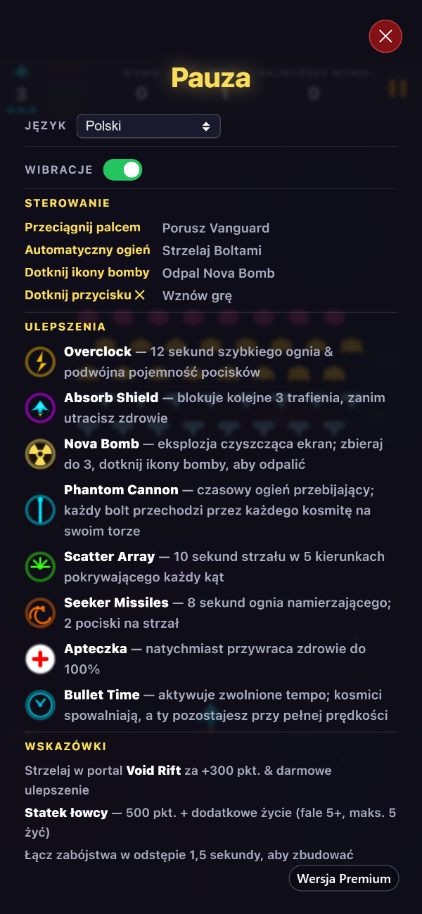 Ekran pauzy Premium pokazujący selektor języka, przełącznik wibracji, sterowanie i wszystkie osiem ulepszeń