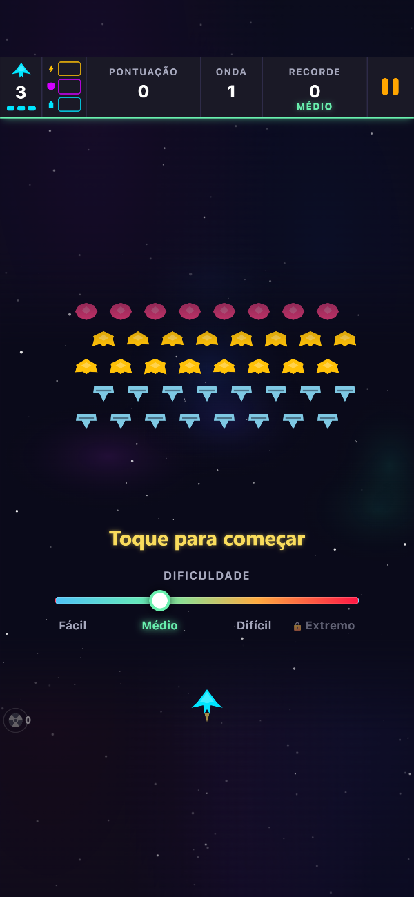 Ecrã de título do Void Swarm com a formação da onda 1 à espera, a mensagem «Toque para começar» e o seletor de dificuldade em Médio