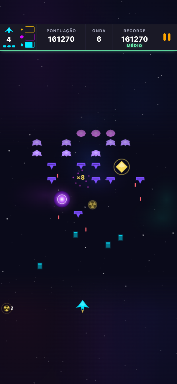Jogo na onda 6 no nível Médio, com uma Nave de Recompensa e um portal Fissura do Vazio, ambos no ecrã