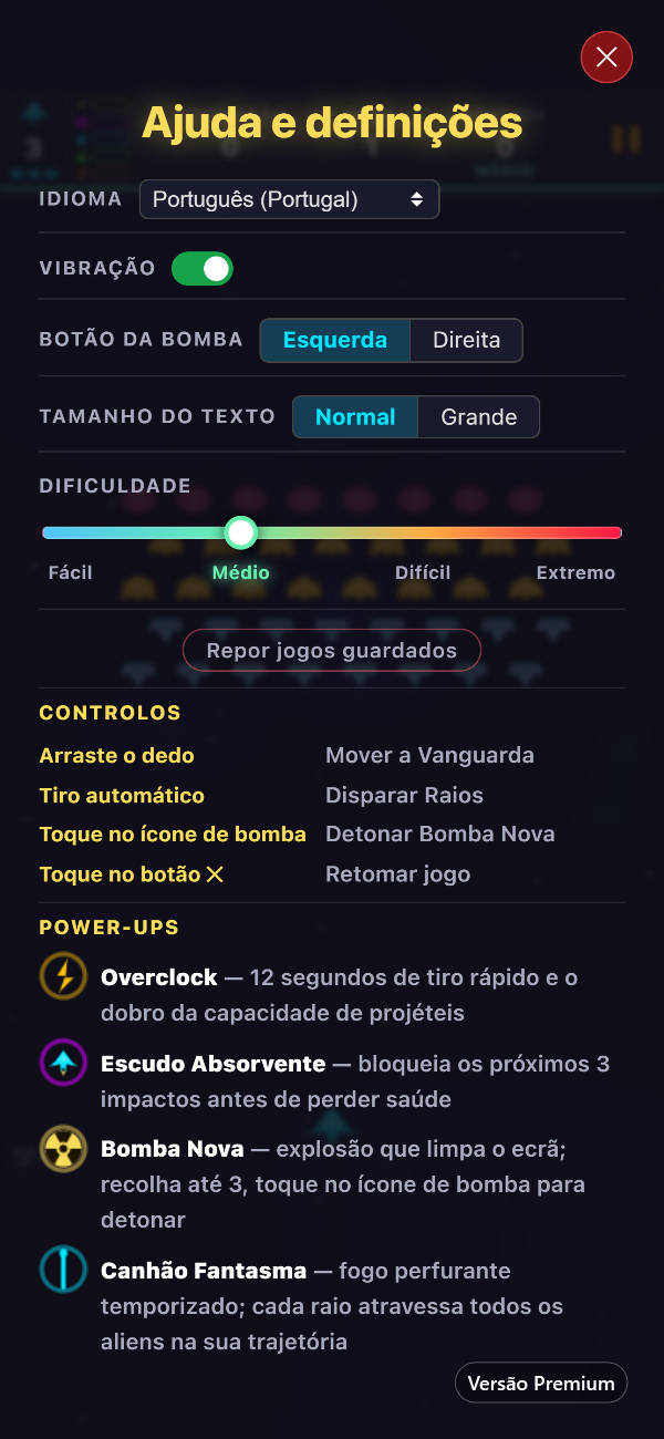 O ecrã «Ajuda e definições» da versão Premium, com as opções de idioma, vibração, botão da bomba, tamanho do texto e dificuldade acima dos controlos e dos power-ups