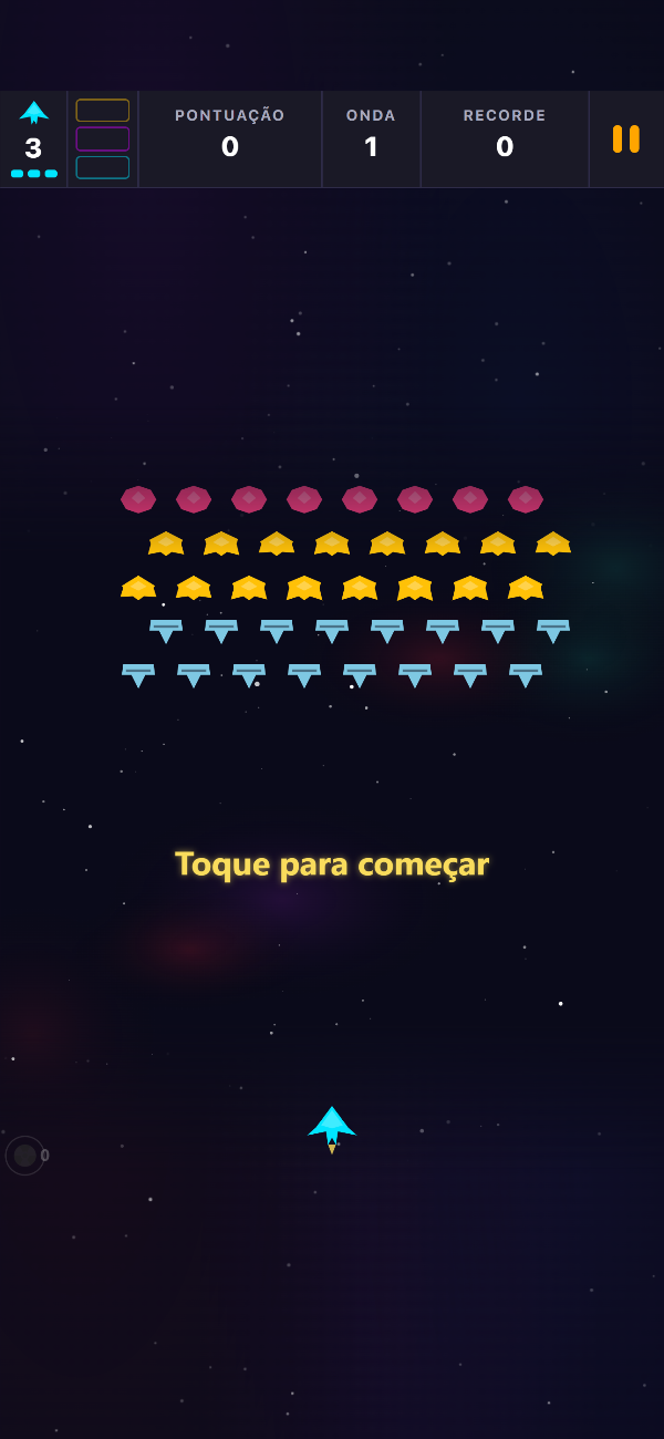 Ecrã de título do Void Swarm com a formação da onda 1 à espera e a mensagem «Toca para começar»
