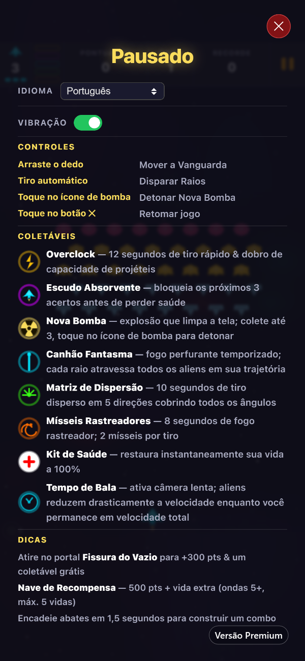O ecrã de pausa Premium a mostrar o seletor de idioma, o interruptor de vibração, os controlos e as oito melhorias