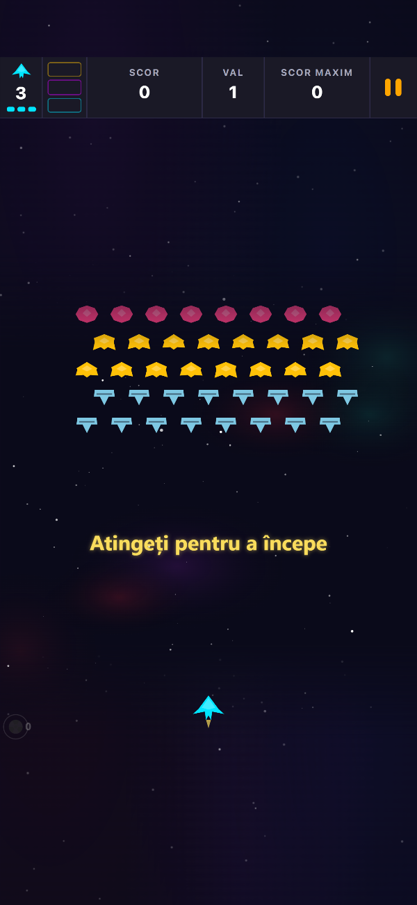 Ecranul de titlu al Void Swarm cu formația valului 1 în așteptare și mesajul „Atinge pentru a începe”