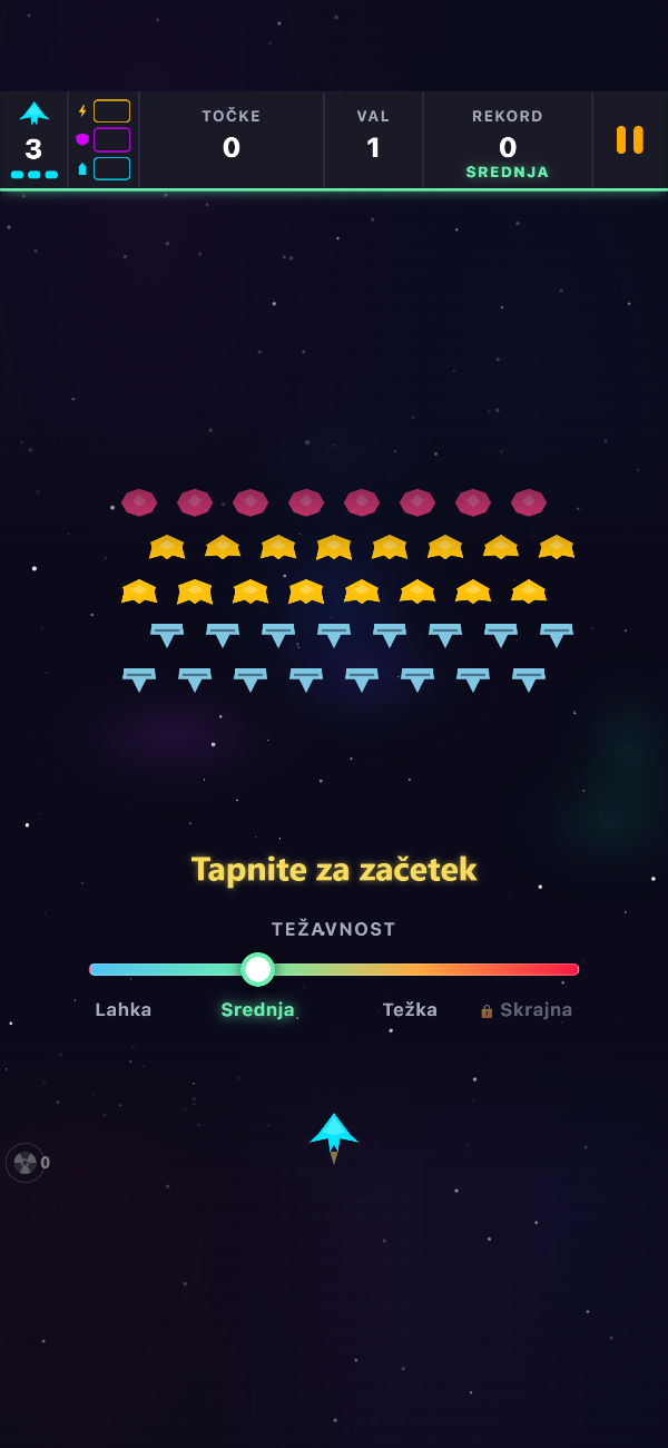 Naslovni zaslon igre Void Swarm s formacijo 1. vala, ki čaka, napisom »Tapnite za začetek« in drsnikom težavnosti, nastavljenim na »Srednja«