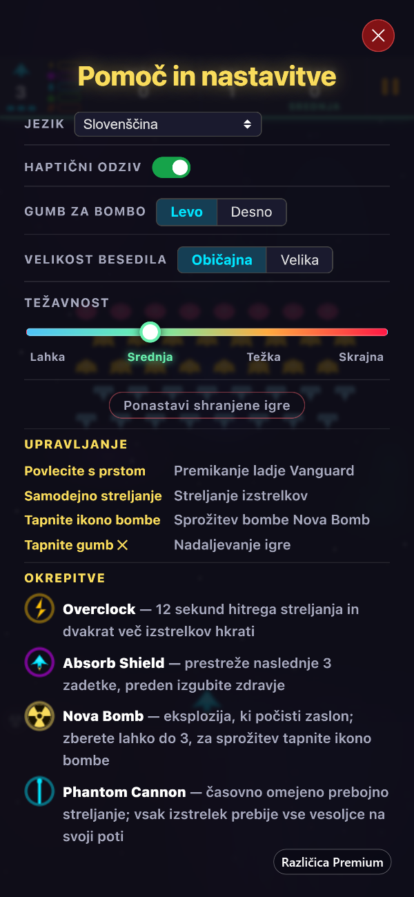 Zaslon »Pomoč in nastavitve« v različici Premium z nastavitvami jezika, haptičnega odziva, gumba za bombo, velikosti besedila in težavnosti nad upravljanjem in okrepitvami