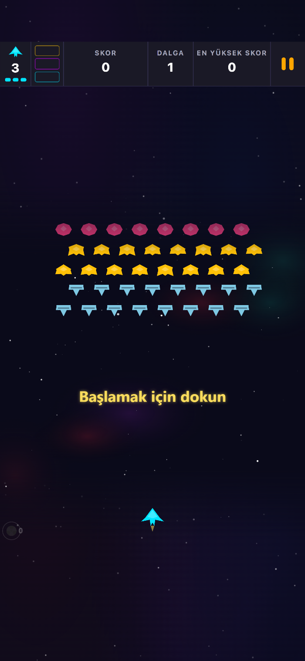 Void Swarm'ın açılış ekranı, bekleyen dalga 1 dizilimi ve 'Başlamak için dokun' uyarısıyla