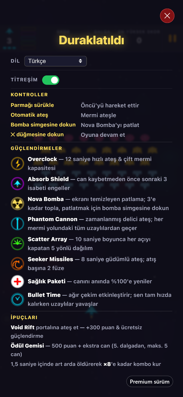 Dil seçiciyi, titreşim geri bildirimi anahtarını, kontrolleri ve sekiz güçlendirmenin tümünü gösteren Premium duraklatma ekranı