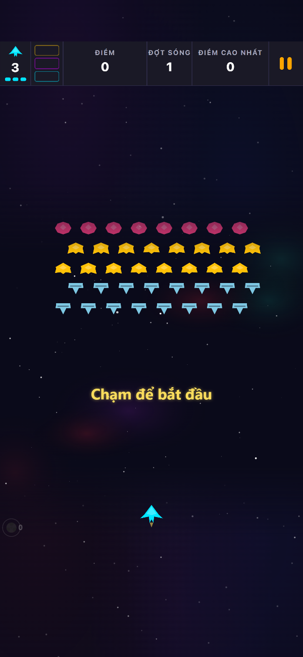 Màn hình tiêu đề của Void Swarm với đội hình sóng 1 đang chờ và thông báo 'Chạm để bắt đầu'