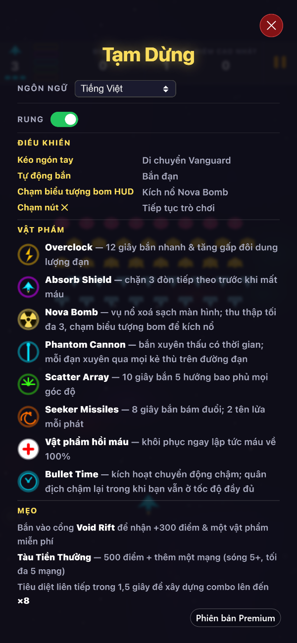 Màn hình tạm dừng Premium hiển thị bộ chọn ngôn ngữ, công tắc phản hồi rung, cách điều khiển và cả tám vật phẩm